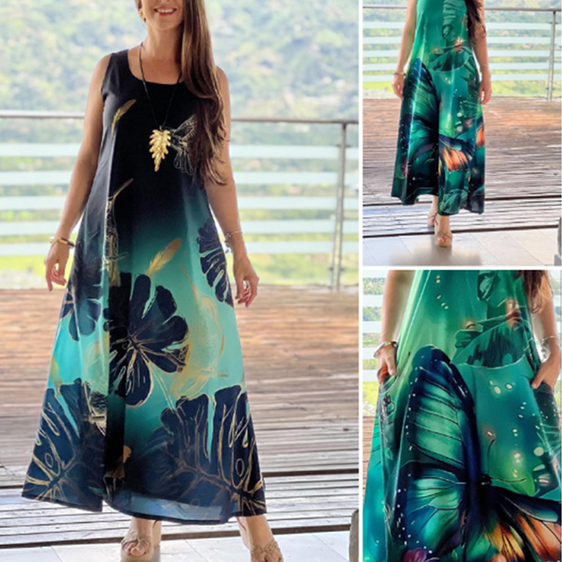 Léonie | Robe longue fluide sans manches à imprimé